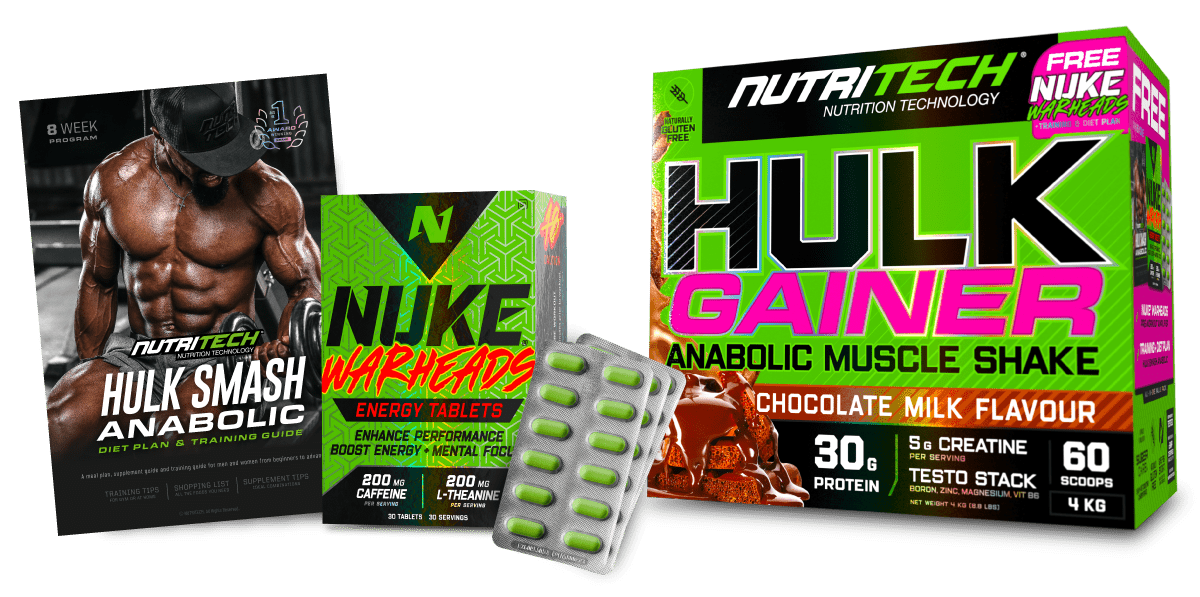 Nutritech hulk gainer delicious anabolic muscle gain shake pack with energy tablets and free anabolic muscle gaining diet plan and training guide